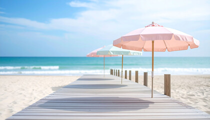 Fototapeta premium Serene beach scene with three pastel parasols on a wooden boardwalk leading to a turquoise ocean under a bright, partly cloudy sky