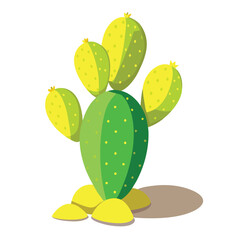 Stylized Green and Yellow Prickly Pear Cactus Cartoon with Rocky Base Illustration