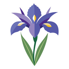Stylized Illustration of an Iris Flower with Violet Petals and Green Leaves on White