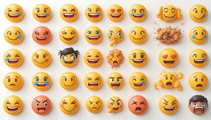 An array of different emoji faces with various expressions displayed on a white surface background