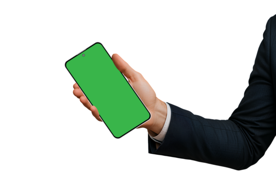 Businessman Hand Holding Smartphone with punch hole design with Green Screen Isolated on Transparent Background