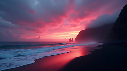 Obraz premium Dramatic Sunset Over Rocky Coastline With Vibrant Pink Clouds