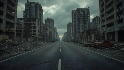 the destroyed building and street in the city after apocalypse.