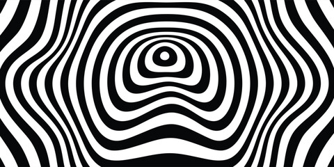 Abstract hypnotic pattern with black-white striped lines. Psychedelic background. Op art, optical illusion. Modern design, graphic texture.