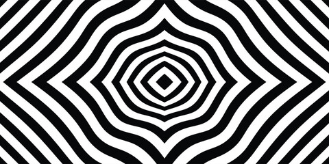 Abstract hypnotic pattern with black-white striped lines. Psychedelic background. Op art, optical illusion. Modern design, graphic texture.