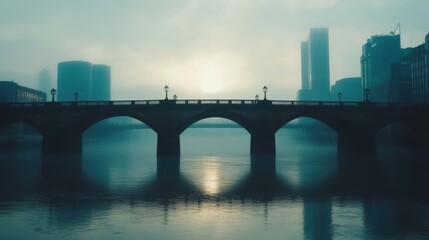 Naklejka premium Misty River Scene with Bridge and City Skyline at Sunrise in Soft Morning Light