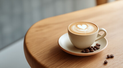 Obraz premium Top View Coffee Cup with Latte Art and Roasted Beans on Wood