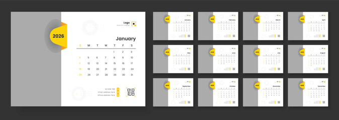 2026 Calendar Planner Set of new Template 12 Monthly Page for Corporate or Personal use. New Year 2026 table calendar, Planner simple, Stationery, printing media. Calendar template for 2026.