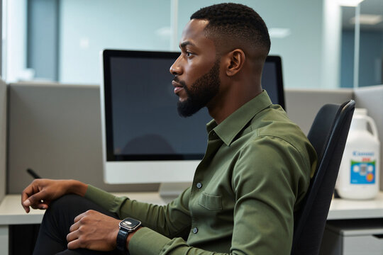 Side view of a focused african american businessman with a beard working intently on his computer at a desk in a modern office, concentrating on a project or data analysis