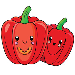 Two Smiling Cartoon Red Bell Peppers Illustration Isolated on White Background, Vegetable Art