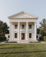 Fototapeta premium Back view of an ancient Roman villa style house that fuses classical architecture with minimalism designed in a marble white and bronze theme
