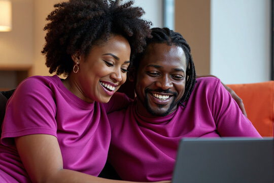 Happy african american couple relaxing on a sofa at home, smiling while watching a movie, shopping online, or video chatting with family on a laptop computer together - Powered by Adobe