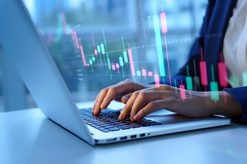 A businesswoman uses a laptop displaying dynamic stock market graphs illustrating financial growth trends and online trading technology.
