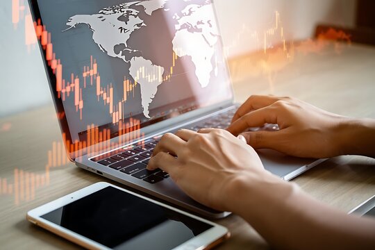 Global Stock Market Trading Online Laptop Hands World Map Financial Business Technology - Powered by Adobe