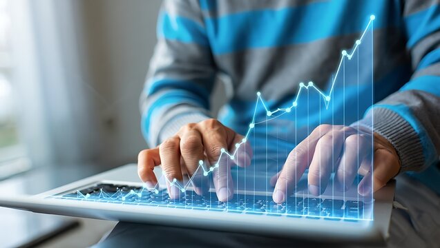 A person uses a laptop showing a rising financial graph signifying business growth success profit investment technology data analysis market trends economic progress digital marketing