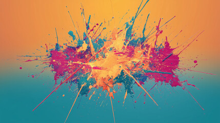 Colorful energetic splash of orange, teal, and fuchsia paint splatters on gradient background, creating vibrant and dynamic abstract composition full of motion and creativity