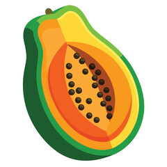 Vibrant Half Papaya Slice Illustration with Seeds and Peel on White Background