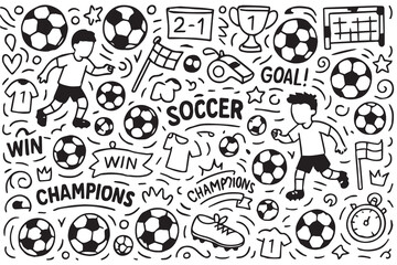 Vector background doodle with a soccer theme, illustrated in black and white with bold black outlines featuring balls, nets, players, and scoreboards.   © primus