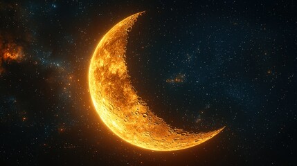 Fiery crescent moon in cosmic night