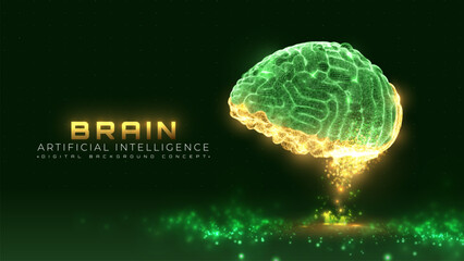 Green neon brain wireframe with gold particle core. Deep learning and analysis of artificial intelligence. Future technology background. Science and health scene design concept.