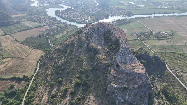 View from acropolis on top of mount to famous ancient Greek city Kaunos in Caria or Caunus in Roman period in Anatolia. Popular place for family travel on summer vacation. Dalyan, Mugla, Turkey