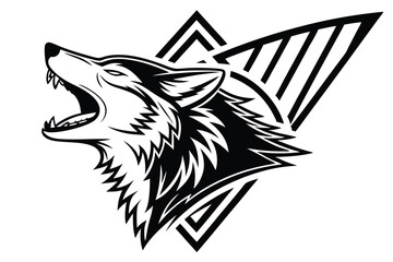 A ferocious wolf head is roaring powerfully within an abstract triangular geometric shape