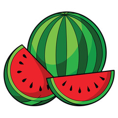 Whole Watermelon with Slices Cartoon Illustration Fresh, Juicy Summer Fruit, Healthy Eating Concept