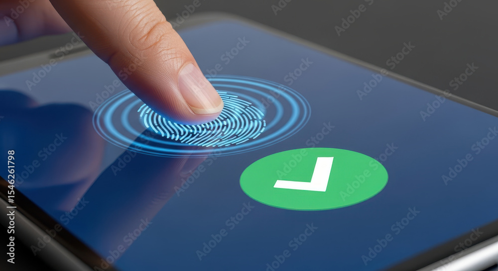 Poster a finger presses on a smartphone screen for fingerprint authentication with a green checkmark symbol
