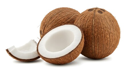 Coconut, Coconuts, Whole coconut, Fresh Coconuts, Halved and Whole, Isolated on White Background