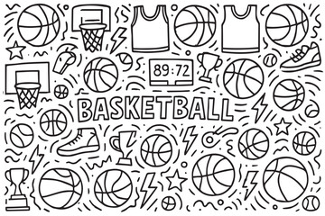 Vector background doodle with a basketball theme, illustrated in black and white with bold black outlines showing balls, hoops, shoes, and courts.

