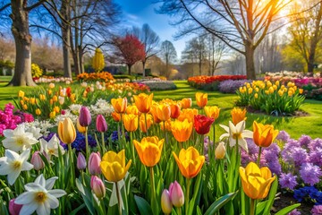 Vibrant orange and yellow tulips blooming in a spring garden, surrounded by daffodils and other colorful flowers under a sunny