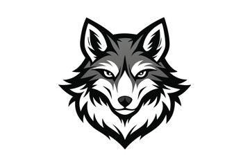 Stylized wolf head with detailed fur and piercing eyes stares ahead intensely on white