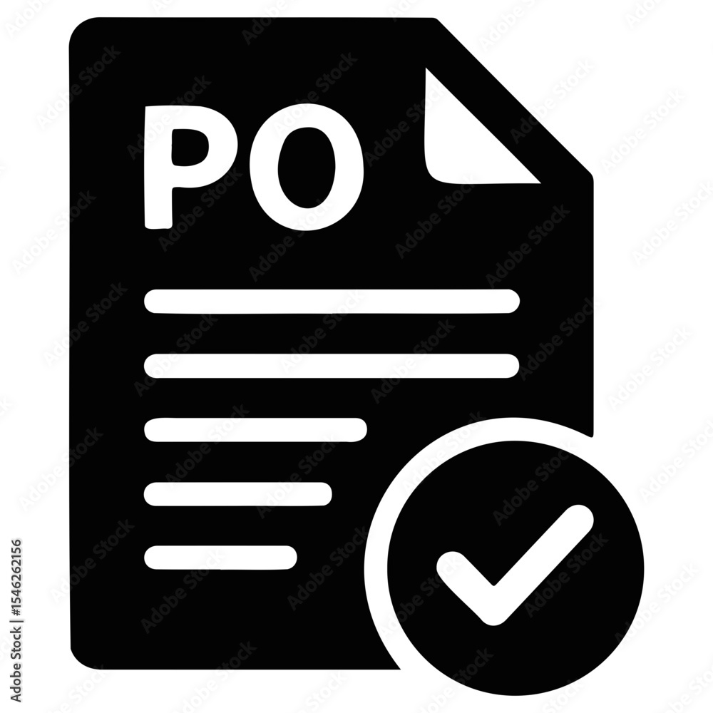 Poster black purchase order document with text and check mark indicating approval status icon on transparen
