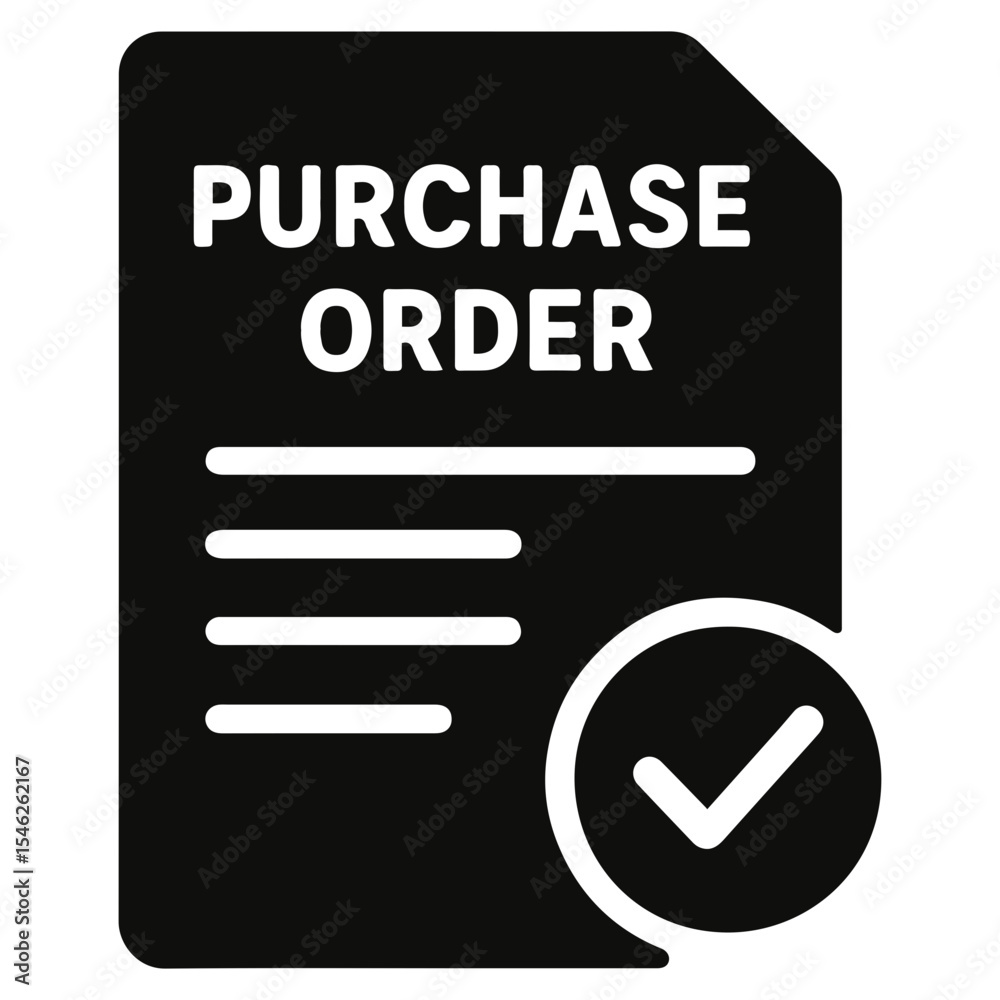 Poster a purchase order document with a check mark indicating approval in a simple black icon on transparen