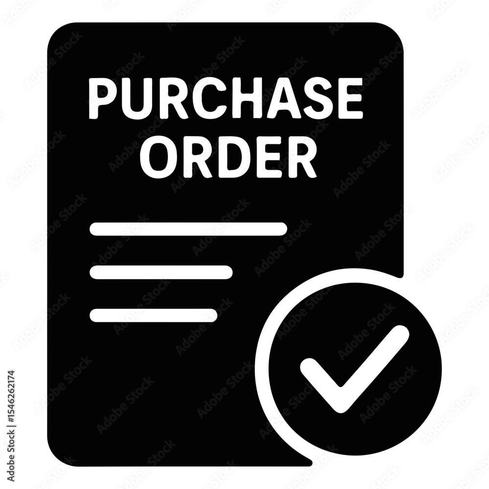Poster black purchase order document with horizontal lines and a white check mark in a circle shape on tran