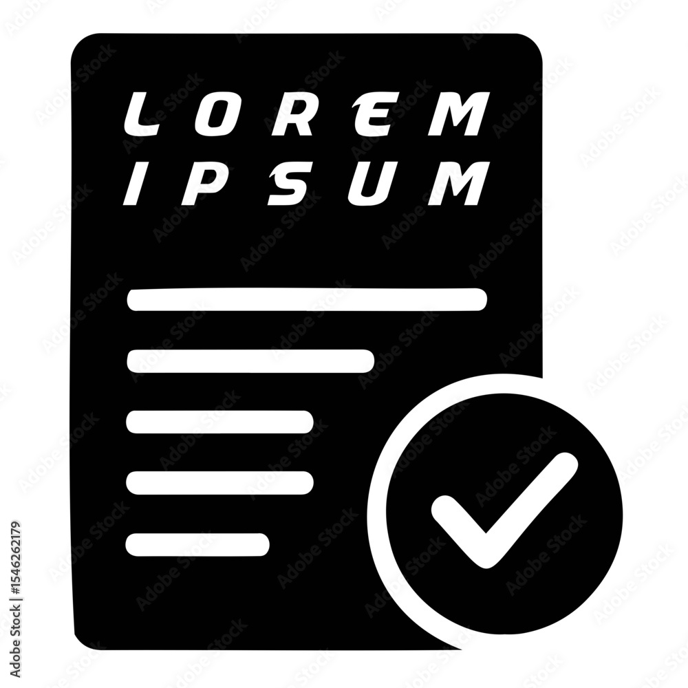 Poster black document with lorem ipsum text and check mark indicating completion or approval status on tran