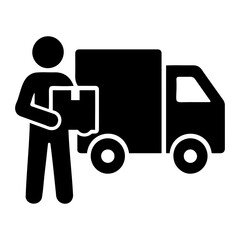 A delivery person holding a box next to a delivery truck in a black and white illustration on transparent background