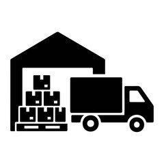 Illustration of a delivery truck parked outside a warehouse with stacked boxes on a pallet ready for shipping on transparent background