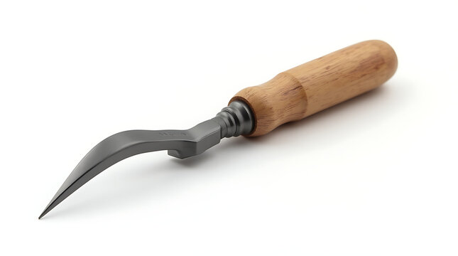 Handheld buttonhole cutter tool with sharp curved blade and wooden handle  