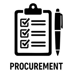 Black clipboard with checklist and pen for procurement process and task management icon on transparent background