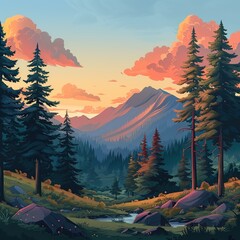Charming cartoon drawing of a sunset landscape in forested hills