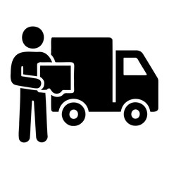 Illustration of a delivery person holding a box next to a delivery truck in black and white on transparent background