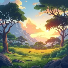 High detail cartoon landscape showing golden sunlight on trees