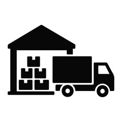 Illustration of a warehouse with stacked boxes and a delivery truck parked outside in black on transparent background