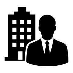 Silhouette of a businessman in a suit and tie standing in front of a building icon design on transparent background