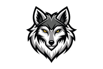 The fierce gray wolf gazes intensely forward, with its piercing yellow eyes on a white background