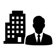 Silhouette of a building with multiple windows next to a silhouette of a business man on transparent background