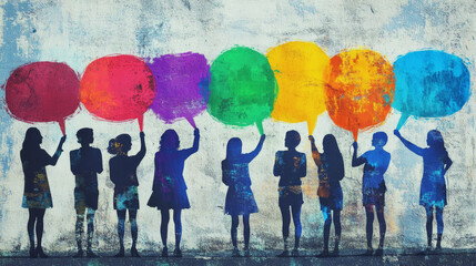 Naklejka premium Illustration of team members holding colorful speech bubbles, representing diverse perspectives, open communication, and inclusive collaboration within a dynamic team environment.