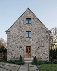 Front view of a medieval European stone house that fuses ancient architecture with minimalism designed in a slate blue theme