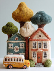 Knit houses and trees with a colorful bus create a whimsical village scene